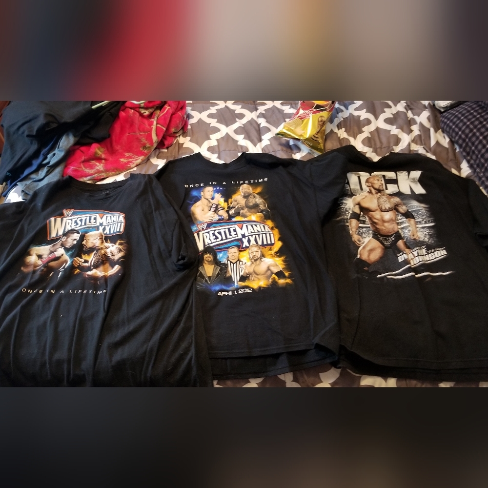 2 WrestleMania XXVIII and 1 The Rock WWE wrestling t shirts